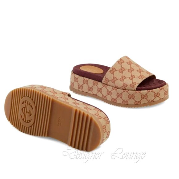 NEW GUCCI Angelina GG Beige Monogram Platform Slide Sandals Size EU 38.5 US 8.5 - Picture 12 of 16